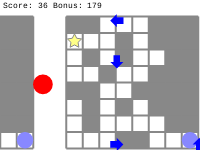 red circle and random blue arrows, faded in the background a maze on a black and white grid with a yellow star and a blue circle