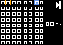 a grid of zeroes in pairs with an orange and a blue box, a legend says 0 0 equals left, and a seek (step) button