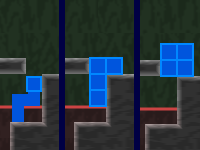 a triptych of blue tetrominoes with lighter grid lines, resting on grey stone platforms, background divided vertically into green and red. left panel: a rotated Z with grid square only around the top end, straddling the red line between green and red; center panel: an upside-down J extending to a higher platform; right panel: a square resting on that higher platform