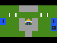 a pixelated guy with a pink mohawk stands on a green field with a Y of grey walls among white binary digits and blue/black digit goals