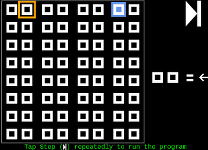 a grid of zeroes in pairs with an orange and a blue box, a legend says 0 0 equals left, and a seek (step) button